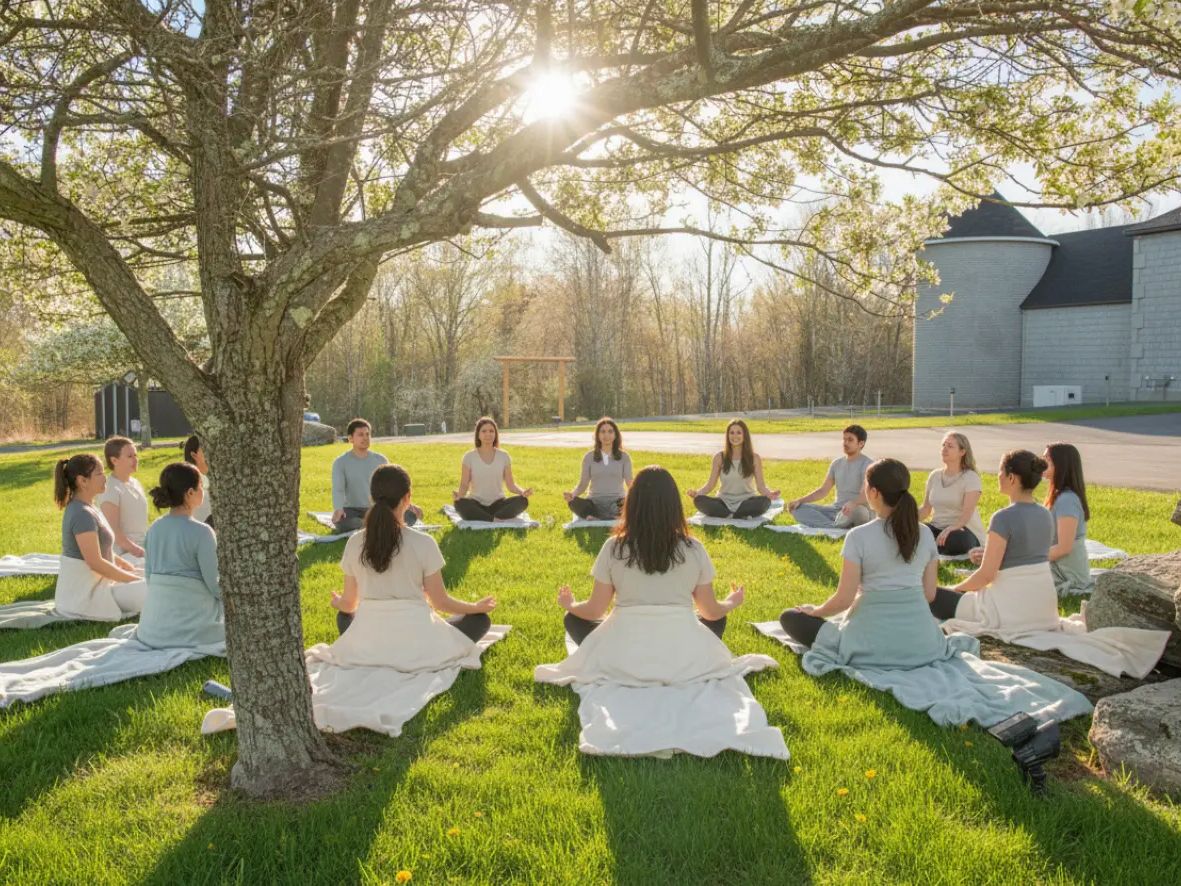A group sitting cross-legged in a circle on a lawn, meditating under a tree in spring sunshine