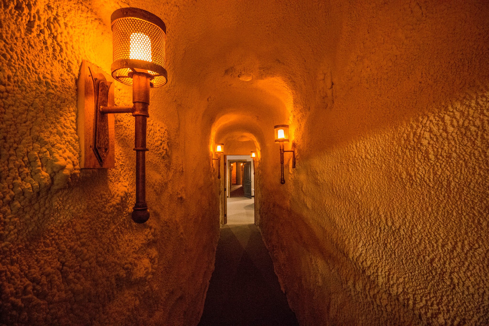 A narrow rough-walled tunnel lit by wall torches